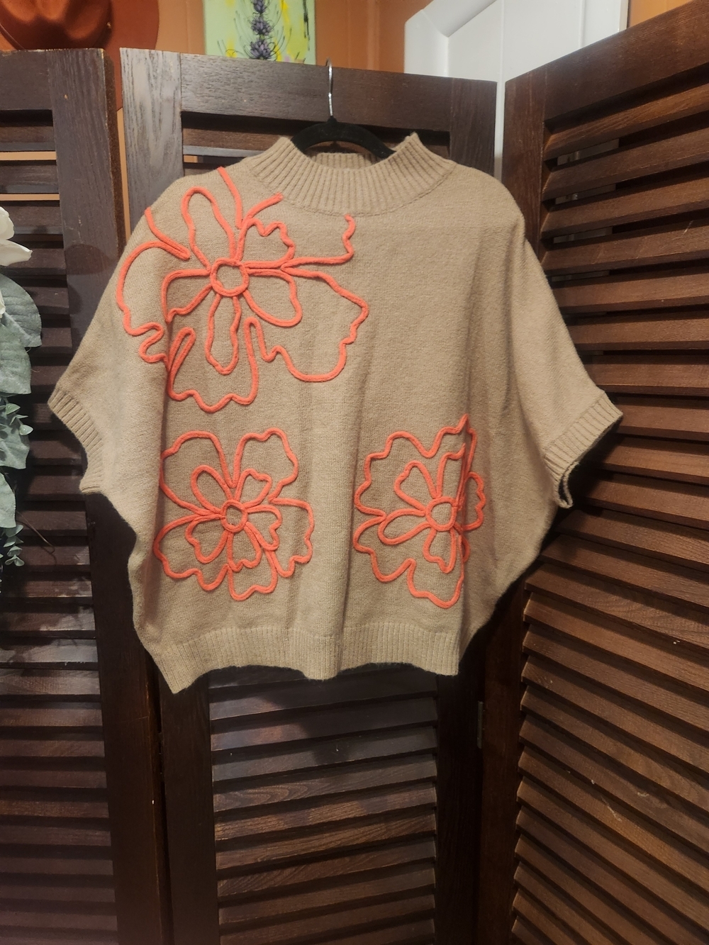 Beige Cowl Neck Floral Appliqué Women's Sweater